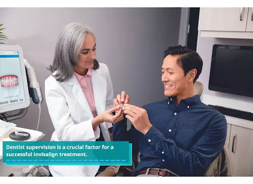 Dentist showing aligners to patient