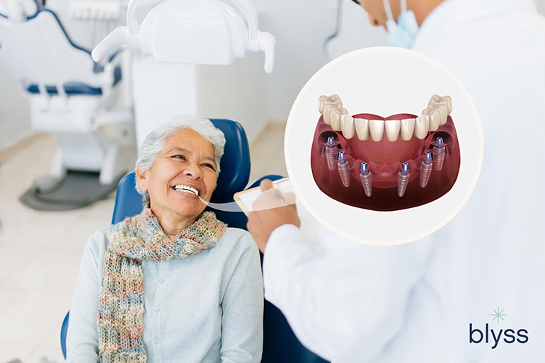 female senior patient smiling sitting on the dental chair with male dentist