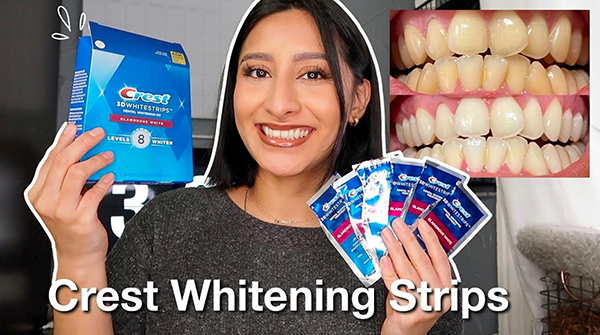 Youtube thumbnail of vlogger holding Crest whitening strips with before and after photos
